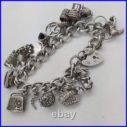 1976 Vintage 925 Sterling Silver Charm Bracelet with Heart Padlock and 17 Charms