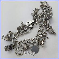 1976 Vintage 925 Sterling Silver Charm Bracelet with Heart Padlock and 17 Charms