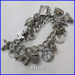 1976 Vintage 925 Sterling Silver Charm Bracelet with Heart Padlock and 17 Charms