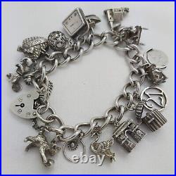 1976 Vintage 925 Sterling Silver Charm Bracelet with Heart Padlock and 17 Charms