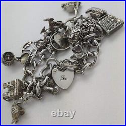 1976 Vintage 925 Sterling Silver Charm Bracelet with Heart Padlock and 17 Charms