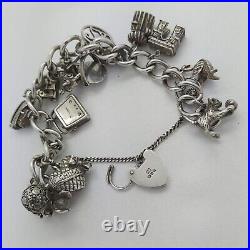 1976 Vintage 925 Sterling Silver Charm Bracelet with Heart Padlock and 17 Charms