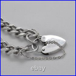1977 Vintage 925 Silver Curb Chain Charm Bracelet with Ornate Heart Padlock