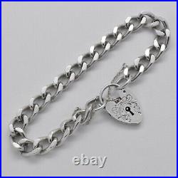 1977 Vintage 925 Silver Curb Chain Charm Bracelet with Ornate Heart Padlock
