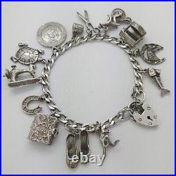 1977 Vintage 925 Sterling Silver Charm Bracelet with Heart Padlock and 13 Charms