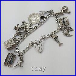 1977 Vintage 925 Sterling Silver Charm Bracelet with Heart Padlock and 13 Charms