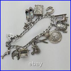 1977 Vintage 925 Sterling Silver Charm Bracelet with Heart Padlock and 13 Charms