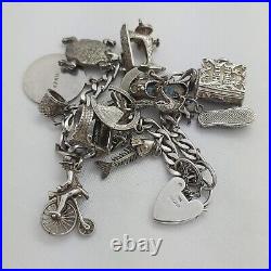 1977 Vintage 925 Sterling Silver Charm Bracelet with Heart Padlock and 13 Charms