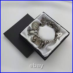 1977 Vintage 925 Sterling Silver Charm Bracelet with Heart Padlock and 13 Charms