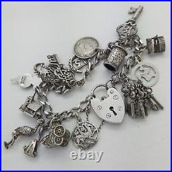 1977 Vintage 925 Sterling Silver Charm Bracelet with Heart Padlock and 15 Charms