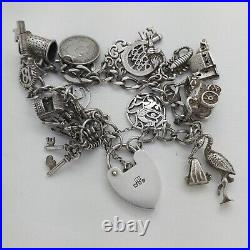 1977 Vintage 925 Sterling Silver Charm Bracelet with Heart Padlock and 15 Charms