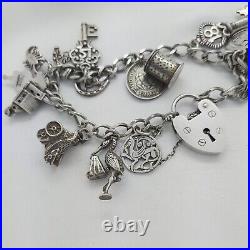 1977 Vintage 925 Sterling Silver Charm Bracelet with Heart Padlock and 15 Charms