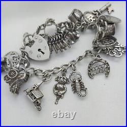 1977 Vintage 925 Sterling Silver Charm Bracelet with Heart Padlock and 15 Charms