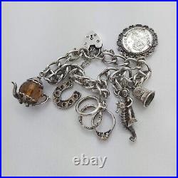 1977 Vintage 925 Sterling Silver Charm Bracelet with Heart Padlock and 6 Charms