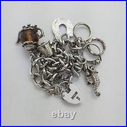 1977 Vintage 925 Sterling Silver Charm Bracelet with Heart Padlock and 6 Charms