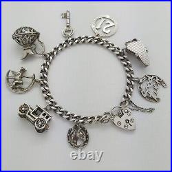 1978 Vintage 925 Sterling Silver Charm Bracelet with Heart Padlock and 8 Charms