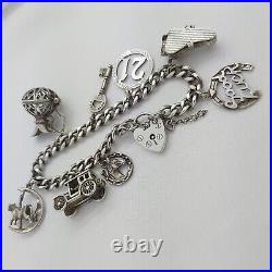 1978 Vintage 925 Sterling Silver Charm Bracelet with Heart Padlock and 8 Charms