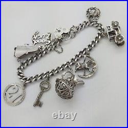 1978 Vintage 925 Sterling Silver Charm Bracelet with Heart Padlock and 8 Charms