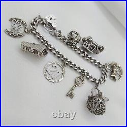 1978 Vintage 925 Sterling Silver Charm Bracelet with Heart Padlock and 8 Charms