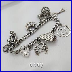 1978 Vintage 925 Sterling Silver Charm Bracelet with Heart Padlock and 8 Charms