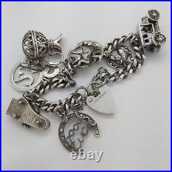 1978 Vintage 925 Sterling Silver Charm Bracelet with Heart Padlock and 8 Charms