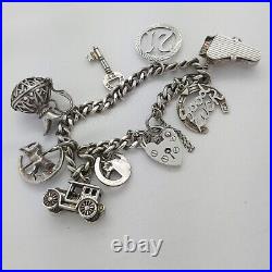 1978 Vintage 925 Sterling Silver Charm Bracelet with Heart Padlock and 8 Charms