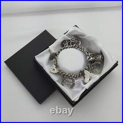 1978 Vintage 925 Sterling Silver Charm Bracelet with Heart Padlock and 8 Charms