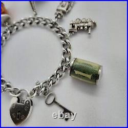 1979 Vintage 925 Silver Chunky Charm Bracelet with Heart Padlock and 9 Charms
