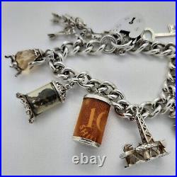 1979 Vintage 925 Silver Chunky Charm Bracelet with Heart Padlock and 9 Charms