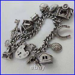 1979 Vintage 925 Sterling Silver Charm Bracelet with Heart Padlock and 13 Charms