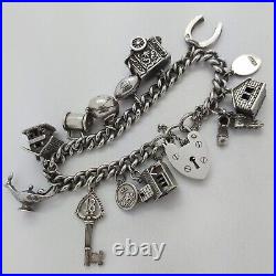 1979 Vintage 925 Sterling Silver Charm Bracelet with Heart Padlock and 13 Charms