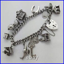 1979 Vintage 925 Sterling Silver Charm Bracelet with Heart Padlock and 13 Charms