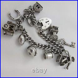 1979 Vintage 925 Sterling Silver Charm Bracelet with Heart Padlock and 13 Charms