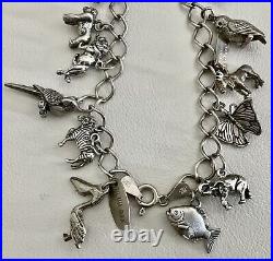 21 Vintage Sterling Silver ANIMALS Charm Bracelet BIRDS Snow Owl Noah's Ark