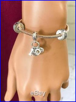 $290 PANDORA Rose Gold Smooth Clasp Bracelet Sterling Silver I Love You Charm