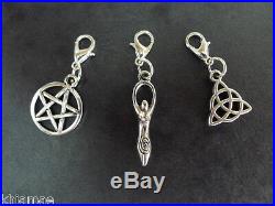 3 x Clip On Wiccan Bracelet Charms pentacle goddess triquetra pagan silver set
