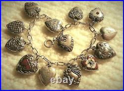 40's Vintage Sterling Silver Puffy Heart Charm Bracelet & 13 Charms, Lampl, Enamel