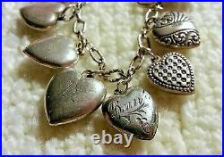 40's Vintage Sterling Silver Puffy Heart Charm Bracelet & 13 Charms, Lampl, Enamel