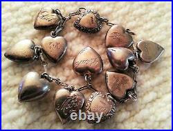 40's Vintage Sterling Silver Puffy Heart Charm Bracelet & Enamel Repousse Chased