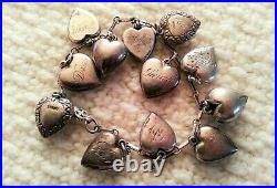40's Vintage Sterling Silver Puffy Heart Charm Bracelet & Enamel Repousse Chased