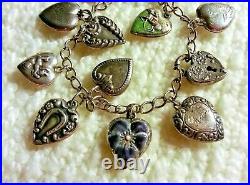 40's Vintage Sterling Silver Puffy Heart Charm Bracelet Repousse, Enamel, Locket