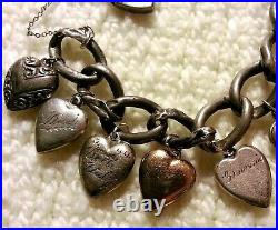40's Vintage Sterling Silver Puffy Heart Charm Bracelet & Repousse, Gems, Lampl
