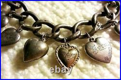 40's Vintage Sterling Silver Puffy Heart Charm Bracelet & Repousse, Gems, Lampl