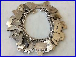 55 Vintage Sterling Silver & Cloisonné Enamel US 1950'State Maps Charm Bracelet