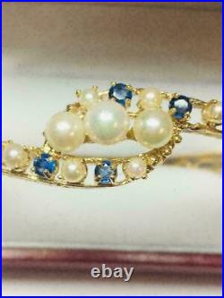 7 Ct Vintage 14k Yellow Gold Over Blue Sapphire & Pearl Ladies Bangle Bracelet