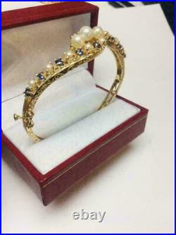 7 Ct Vintage 14k Yellow Gold Over Blue Sapphire & Pearl Ladies Bangle Bracelet