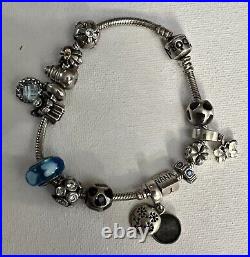 7 Pandora Bracelet With Silver And Blue Charms. Authentic Pandora Brand