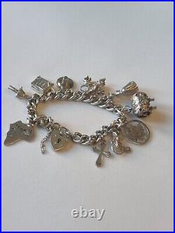 (862) Sterling Silver Charm Bracelet With 10 Traditional Charms On, Albert Style