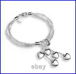 925 Hearts Charm Bracelet Sterling Silver Plated 5 Strand Adjustable 18cm 7+Bag