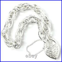 925 Silver Charm Bracelet Fancy Victorian Heart Lock 7 Inches